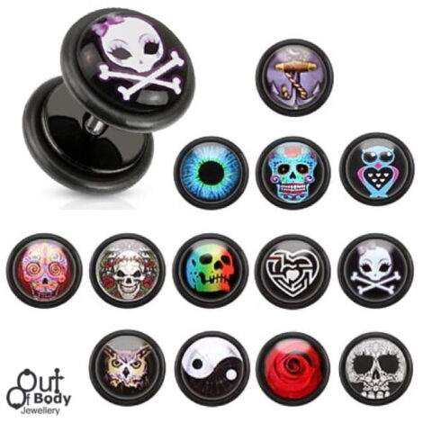 Fake Plug Black Acrylic W/ Clear Epoxy Dome Logo Print/ O-Rings