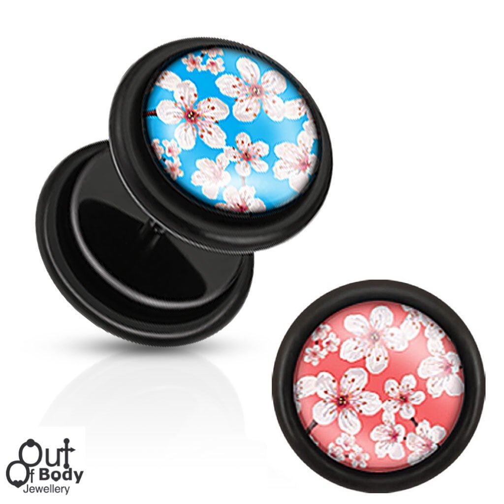 Fake Plug Black Acrylic W/ Cherry Blossom Logo And O-Rings