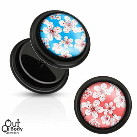 Fake Plug Black Acrylic W/ Cherry Blossom Logo And O-Rings