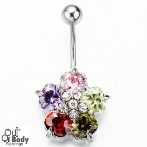 Flower Belly Ring W/ Teardrop CZ Gems