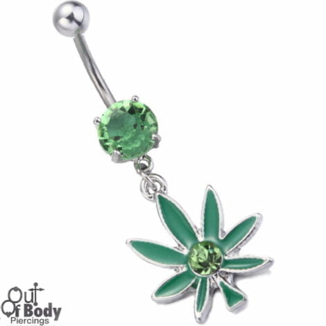 Pot Leaf Gem Belly Ring W/ Pronged Green CZ