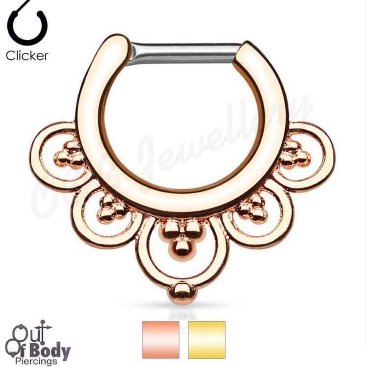 Septum Clicker Hinged Flower Petals W/ Gold IP Nose Ring