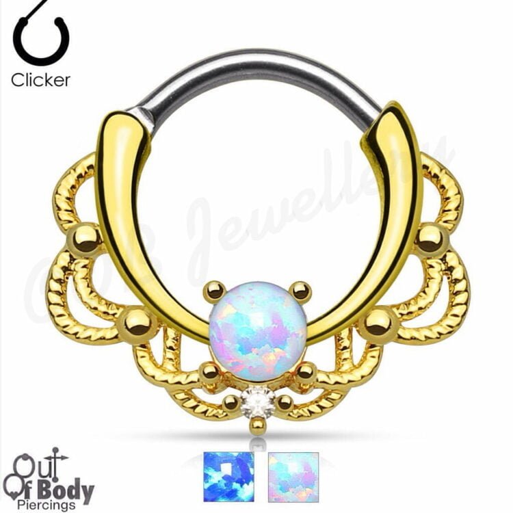 Septum Clicker Round Hinged Looped Lace Single Opal W/ Gold IP