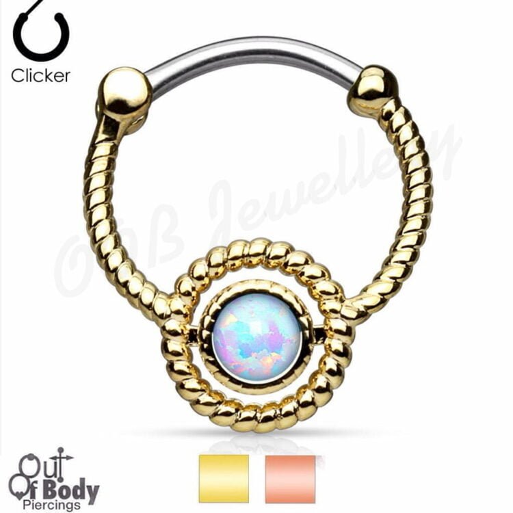 Septum Clicker Round Hinged Twisted Rope Circle W/ Opal Gold IP