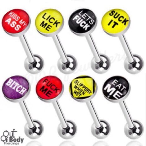 Cheeky Words 316L Steel Tongue Barbell W/ Epoxy Dome Ball