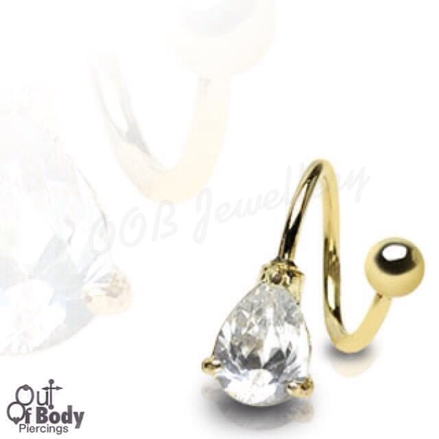 316L Surgical Steel Twist Gold IP With Prong Teardrop Gem