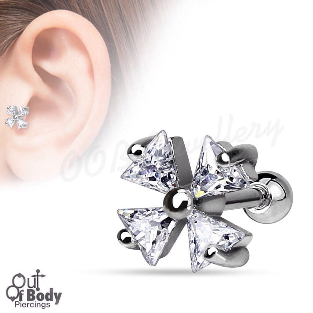 Cartilage/ Tragus 4 Triangle CZ Lucky Clover Top Barbell