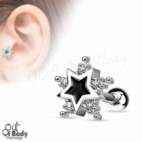 Cartilage/ Tragus 5 CZ Gems with Black Enamel Star Barbell