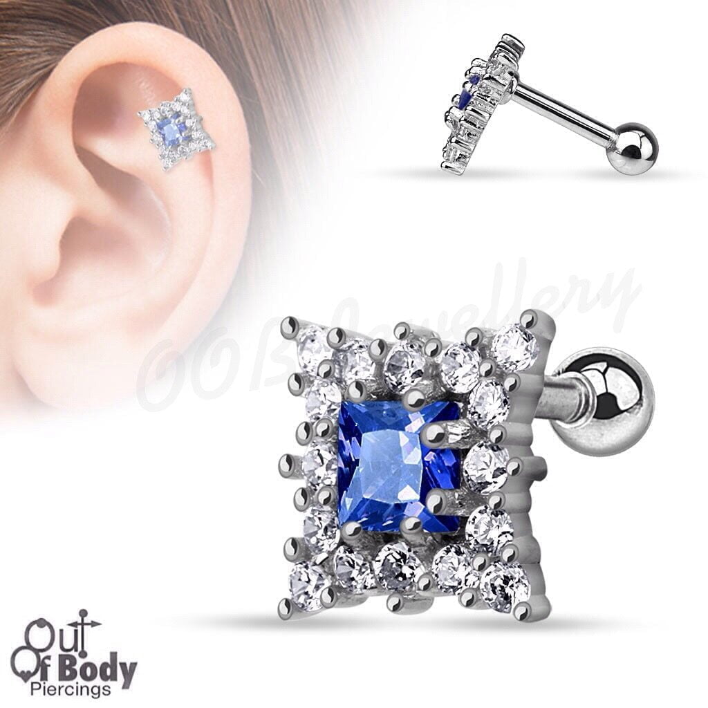 Cartilage/ Tragus CZ Sapphire Blue Square Gem Centred Barbell