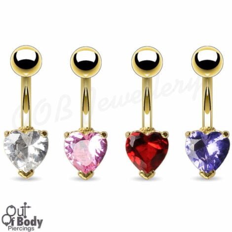 6mm Prong Set Heart CZ Curved Navel Ring W/ 14KT Gold Plating