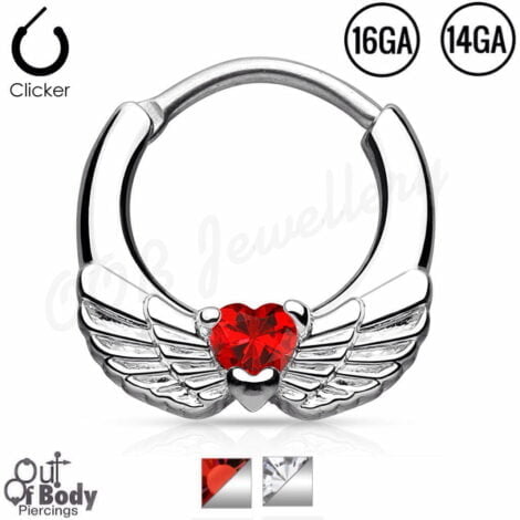 Septum Clicker Round Hinged Angel Wing W/ CZ Heart In Mix Size