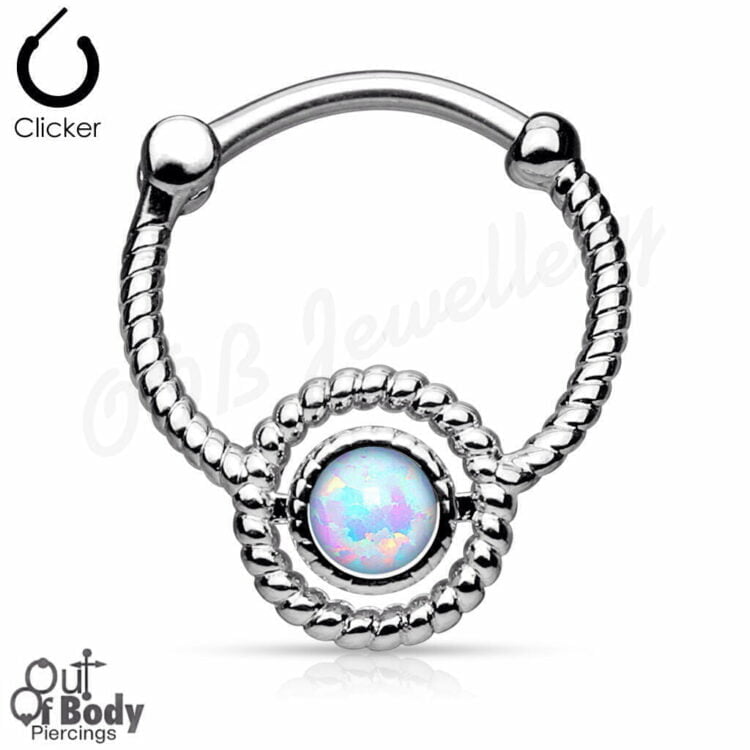 Septum Clicker Round Hinged Twisted Rope Circle W/ Single Opal