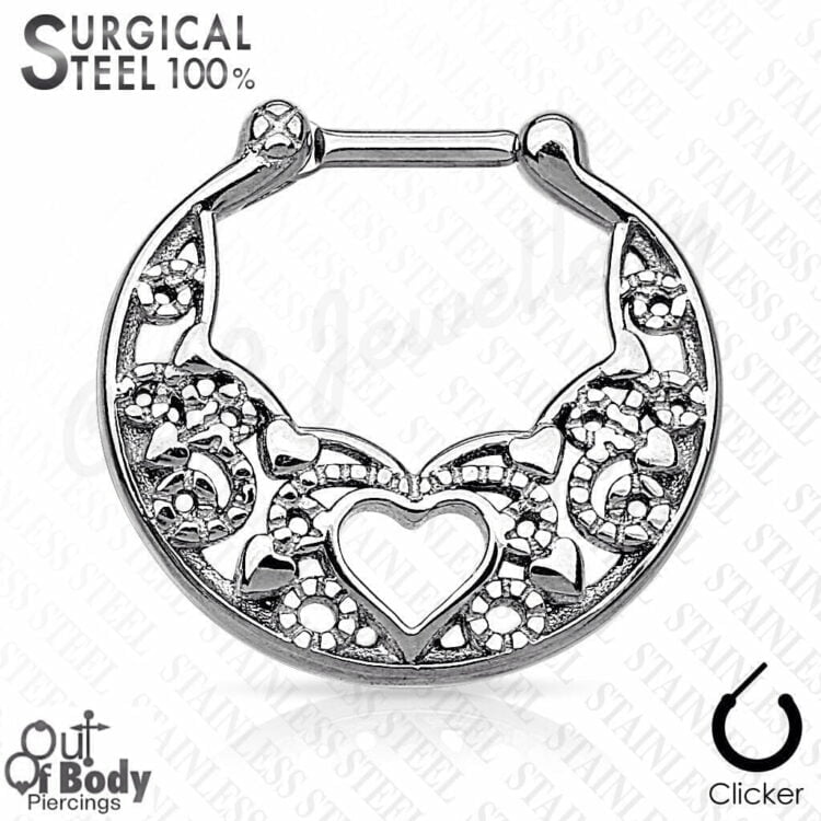 Septum Clicker All 316L Steel Heart Laced Nose Ring