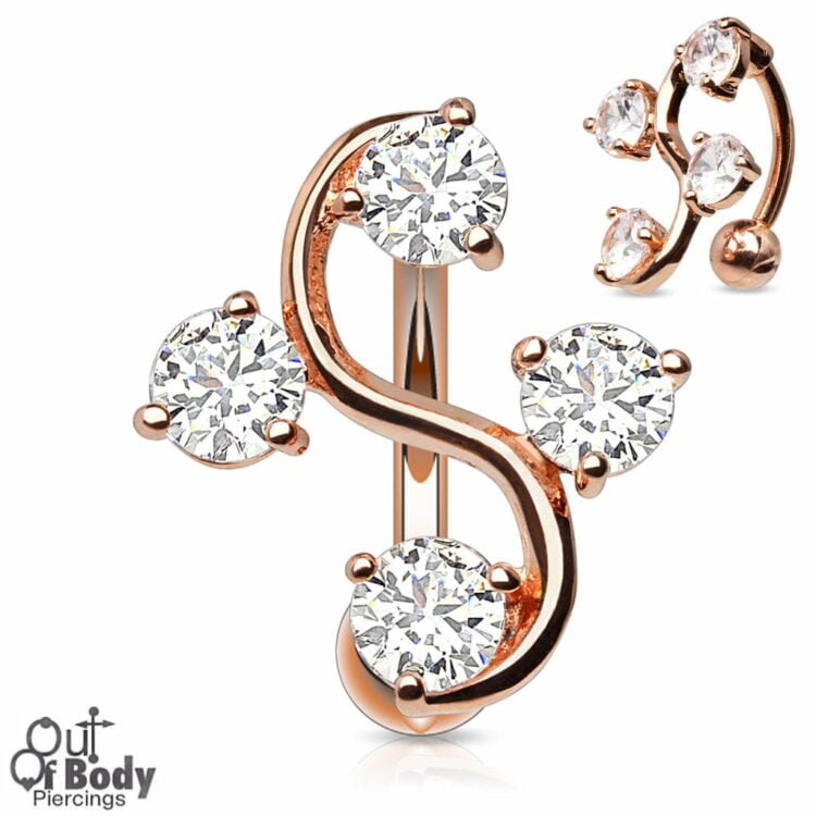 4 Prong CZ Vine Top Down Rose Gold Plated Belly Ring