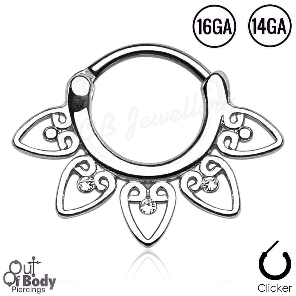 Septum Clicker Round Hinged Tribal Flower W/ Gems Nose Ring