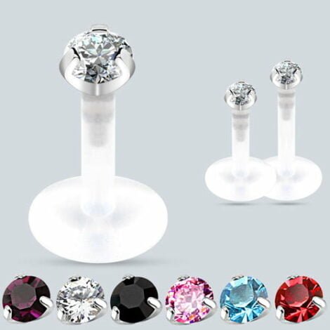 Ear Labret Stud Bioflex with Push Fit CZ Round Prong Gem Top