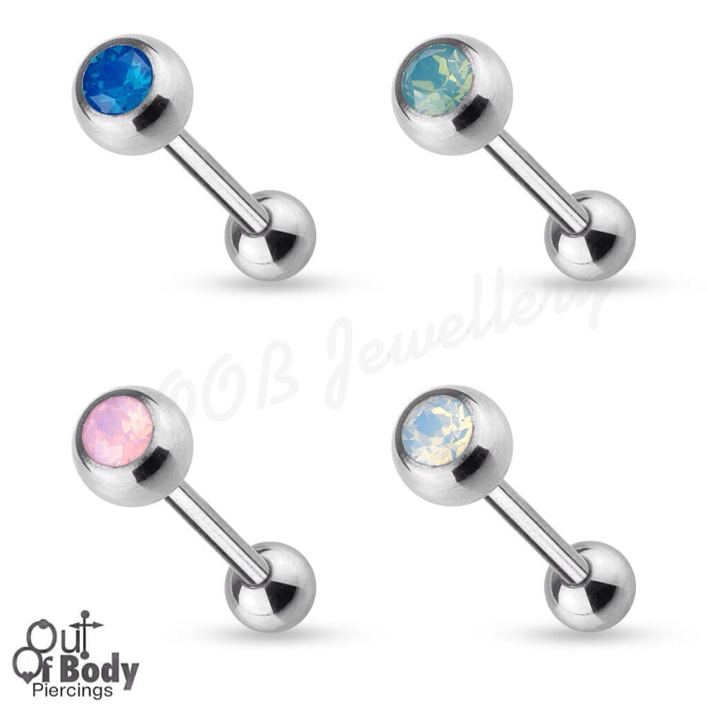 316L Steel Tongue Barbell W/ Natural Opalite Stone Top