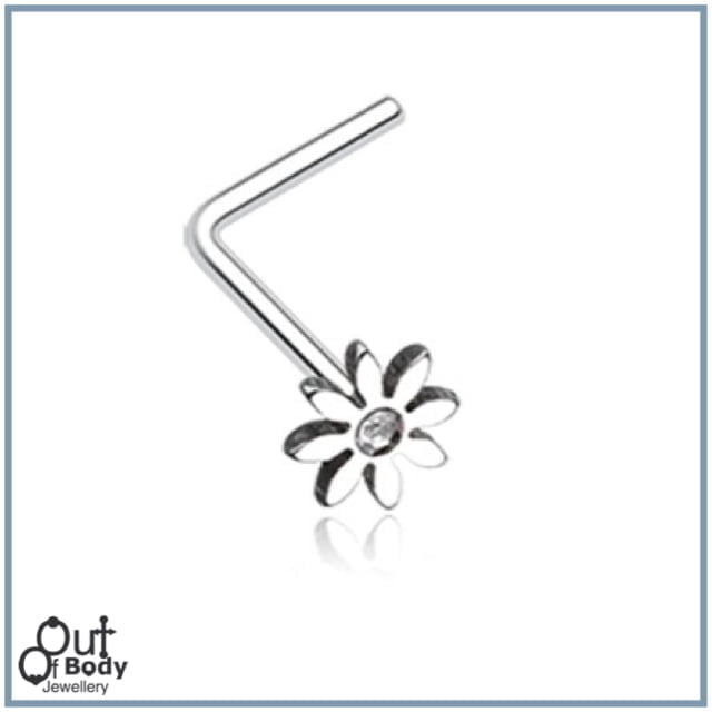 L-Bend Nose Ring W/ Cutesy Daisy Flower Sparkle Top