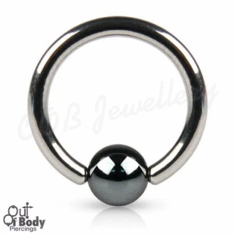 316L Steel Captive Bead Ring W/ Hematite Ball