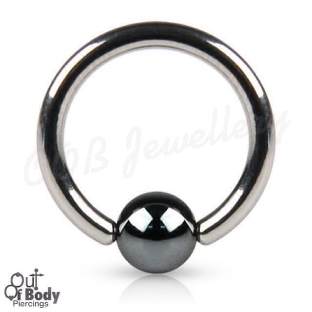 316L Steel Captive Bead Ring W/ Hematite Ball