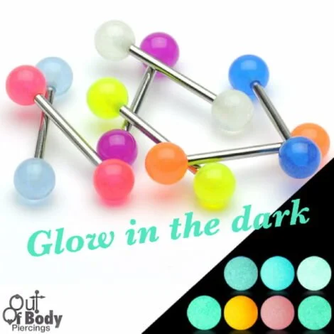 316L Steel Straight Barbell With Glow In Dark Balls Mix Size