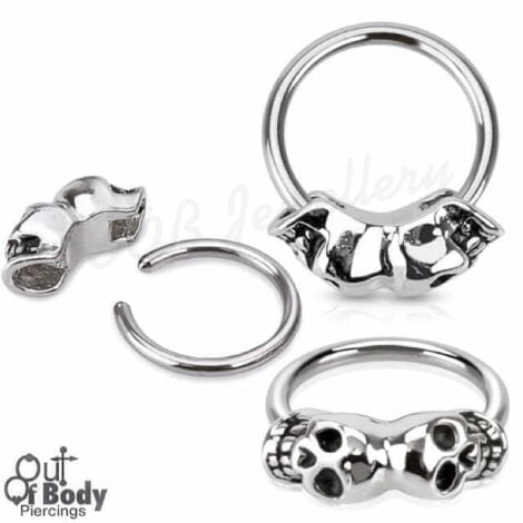 316L Steel Captive Bead Ring W/ Double Joined Skull Bead