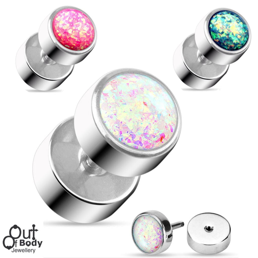 Fake Plug W/ Colourful Opal Glitter Top In 316L Steel