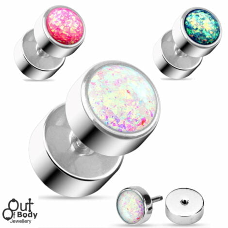 Fake Plug W/ Colourful Opal Glitter Top In 316L Steel