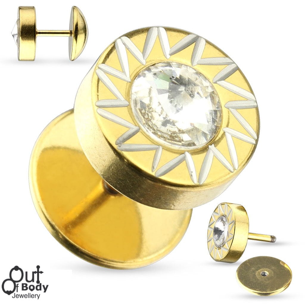 Fake Plug Diamond Cut W/ Single CZ In Gold IP Over 316L Steel