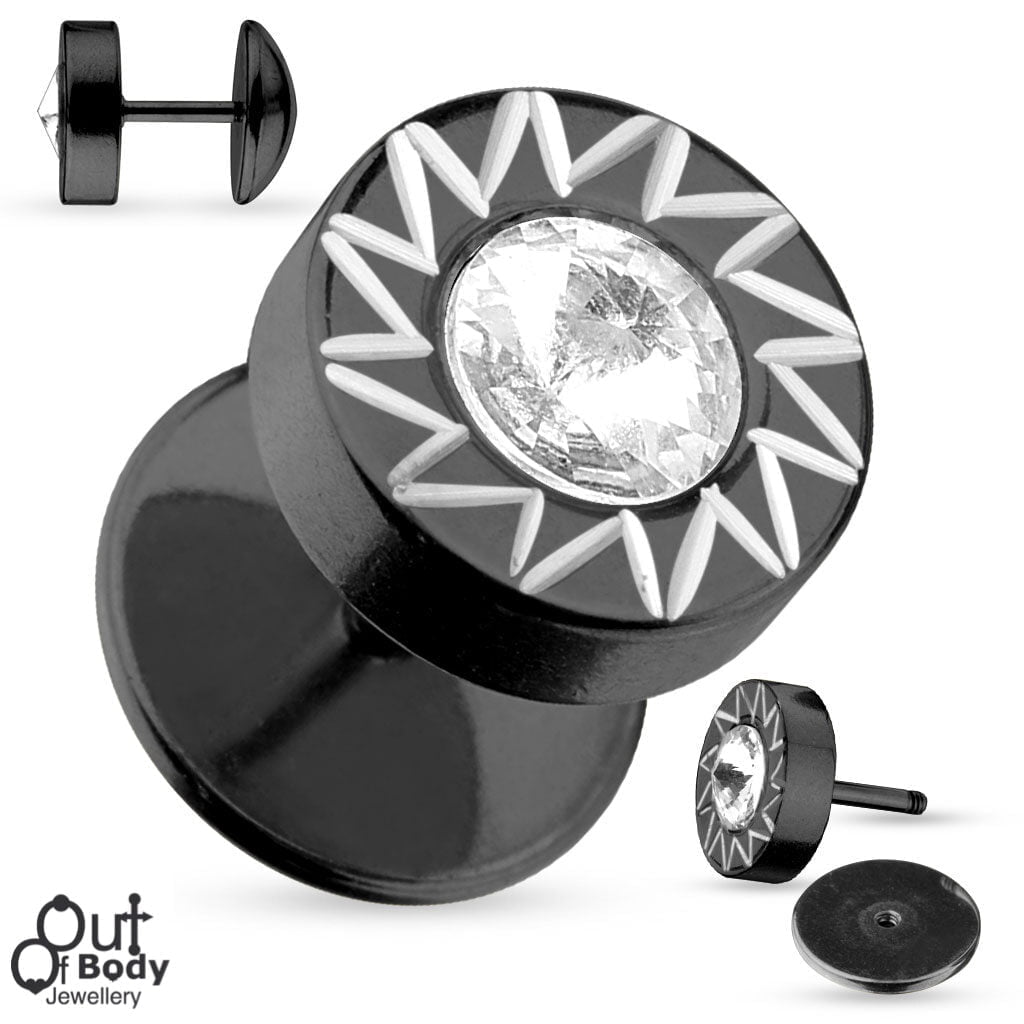 Fake Plug Diamond Cut W/ Single CZ In Black IP Over 316L Steel