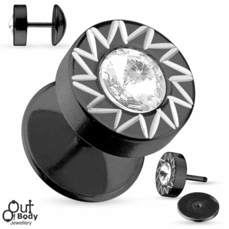 Fake Plug Diamond Cut W/ Single CZ In Black IP Over 316L Steel