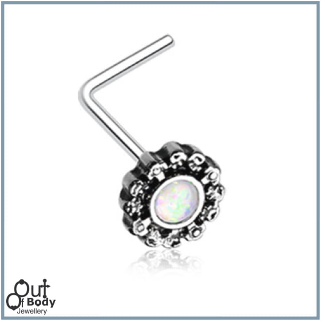 Sparkling White Opal W/ Ornate Filigree L-Bend Nose Ring