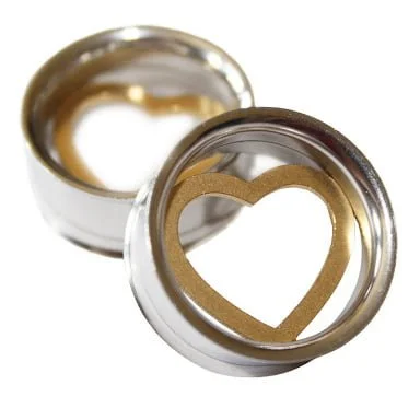 316L Steel Tunnel Double Flare 2 Tone W/ Gold Heart Insert