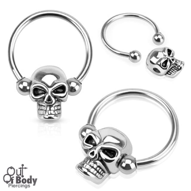 316L Steel Horseshoe With Snap-In Skull Bead