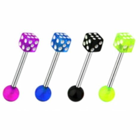 Tongue Barbell 316L Steel W/ Acrylic Dice & Ball Mixed Size
