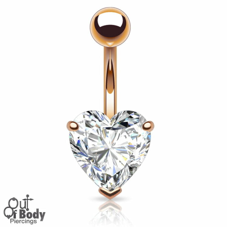 7mm Prong Set Heart CZ Navel Ring In Rose Gold Plating