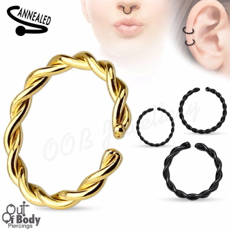 Cartilage Ear/ Septum Braided Ring Bendable In Black or Gold