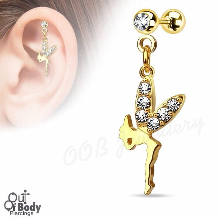 Cartilage/ Helix Barbell W/ Dangling Fairy CZ Paved Wing IP Gold