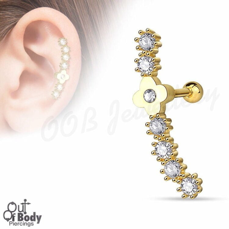 Cartilage/ Helix CZ Lined Row W/ Flower Top In Gold IP Barbell