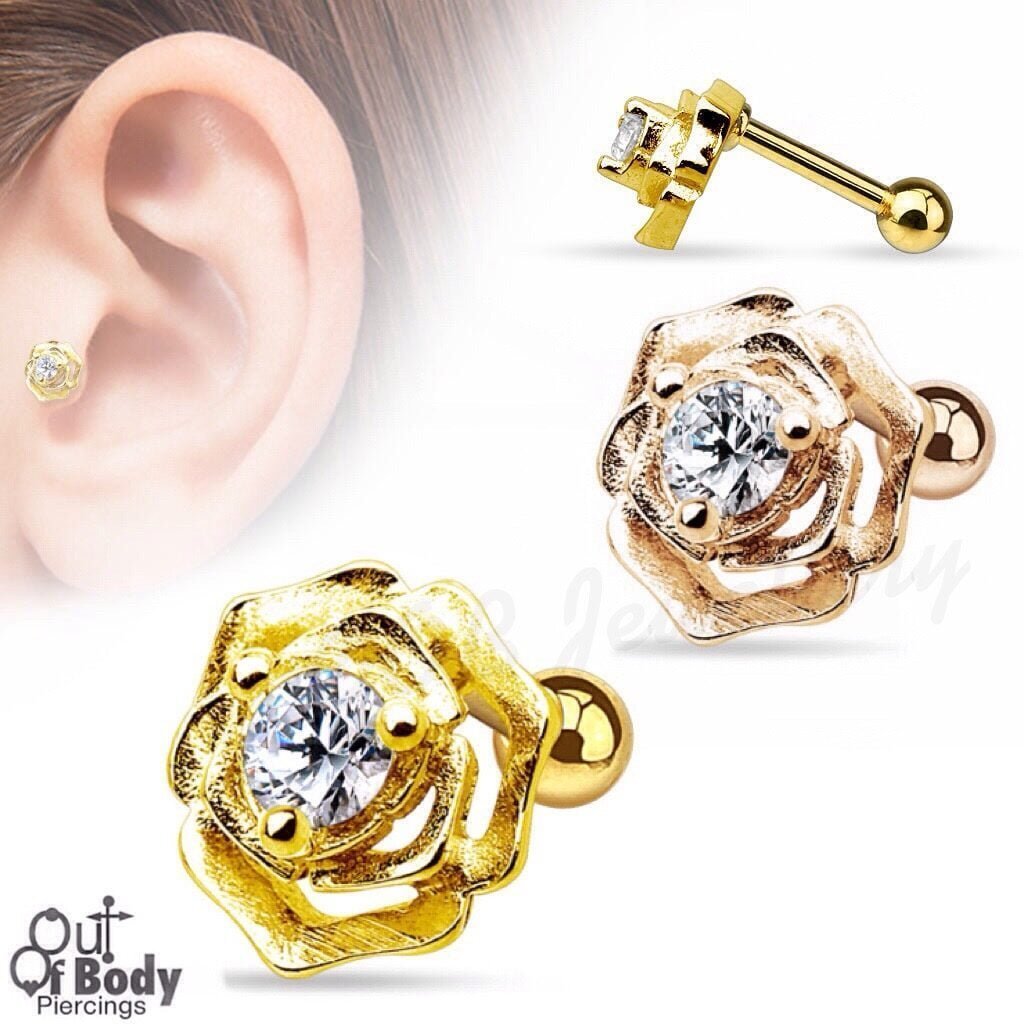 Cartilage/ Tragus Barbell W/ CZ Centered Flower IP Rose Gold