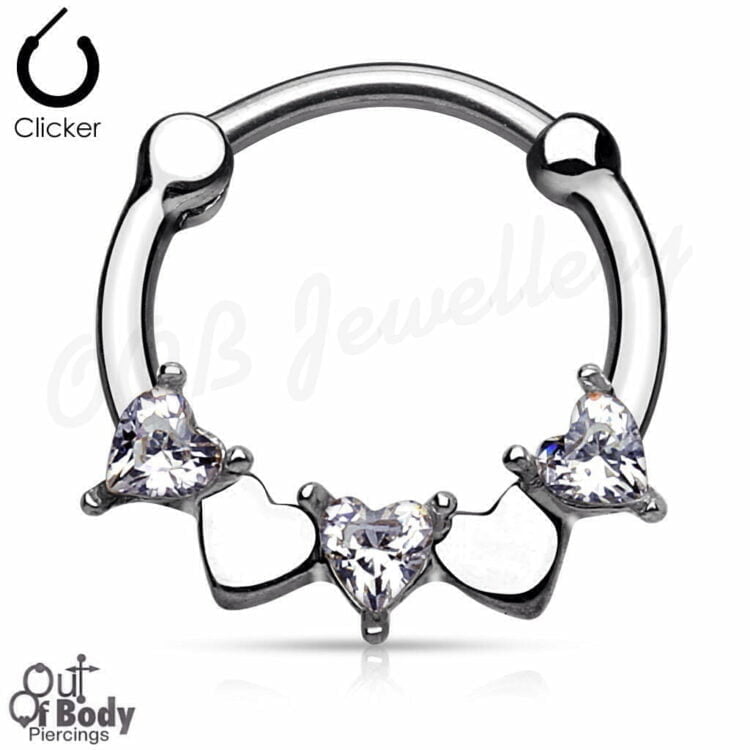 Septum Clicker Round Hinged CZ Heart Nose Ring