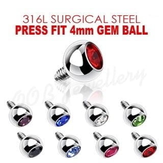 Press Fit Round Coloured Gem Dermal Top 316L Surgical Steel