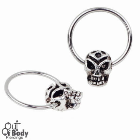316L Steel Captive Bead Ring W/ Distressed Tribal Skull Bead