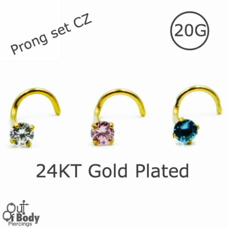 20G Prong CZ Nose Screw with 24KT Gold Plate
