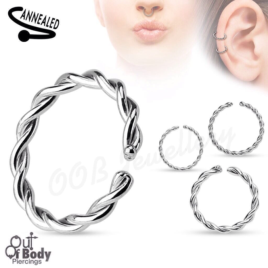 Cartilage Ear/ Septum Braided Ring W/ Rounded Ends Bendable 316L