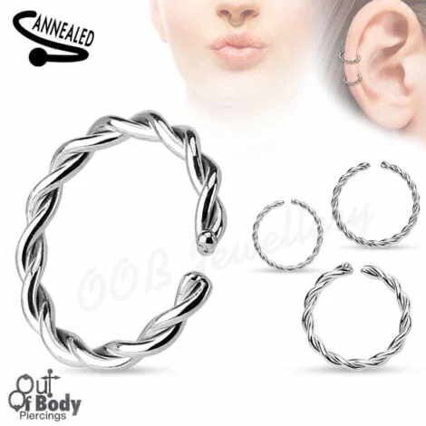 Cartilage Ear/ Septum Braided Ring W/ Rounded Ends Bendable 316L