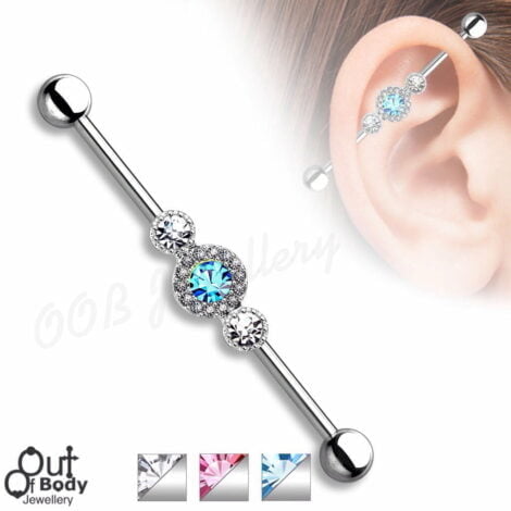 CZ Centered Multi Paved Circle 316L Steel Industrial Barbell