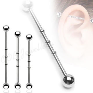 Triple Notched Industrial Barbell W/ Ball 316L Steel In Mix Size