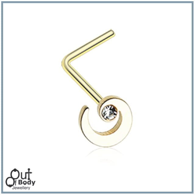 Spiral Gold Swirl W/ Sparkle CZ L-Bend Nose Ring