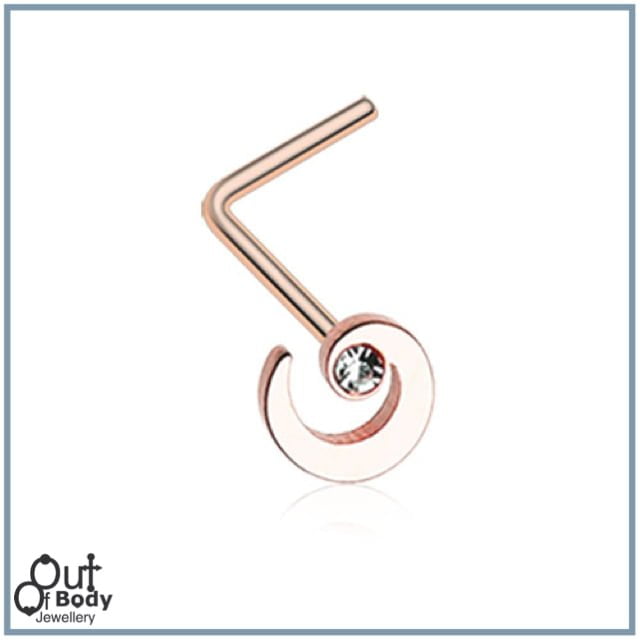 Spiral Rose Gold Swirl W/ Sparkle CZ L-Bend Nose Ring